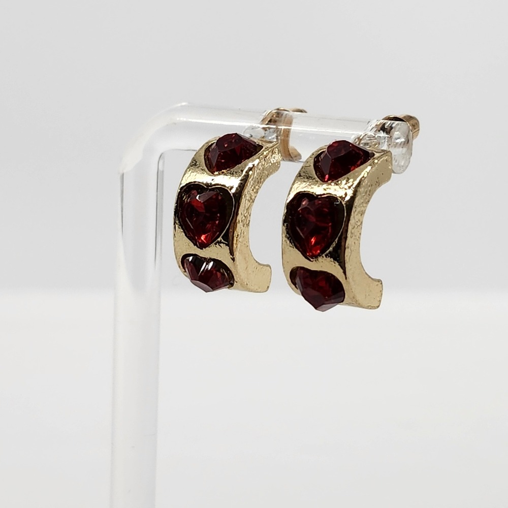Heart Hoop Earrings OS Red Gold Tone Crystal Romantic Bold Chunky Date Night